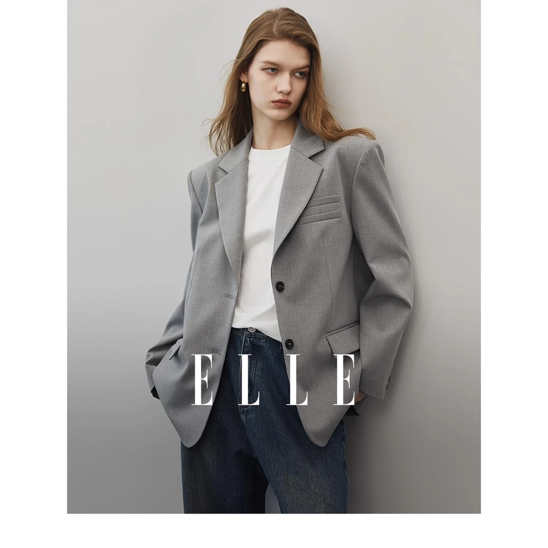 ELLE法式高级感灰色西装外套女2024春新款气质小众小西装-EX35781