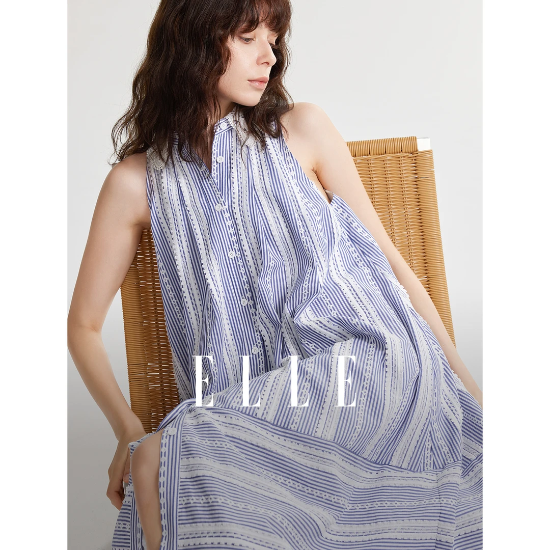 ELLE条纹设计感女装连衣裙2024夏季新欧若风高贵小个子-EL48107