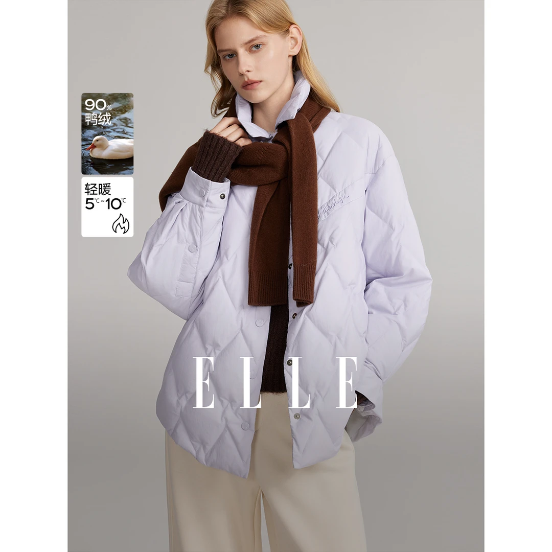 ELLE外套百搭时尚羽绒服2024冬季新款雅丹风休闲纯色翻领EY48887