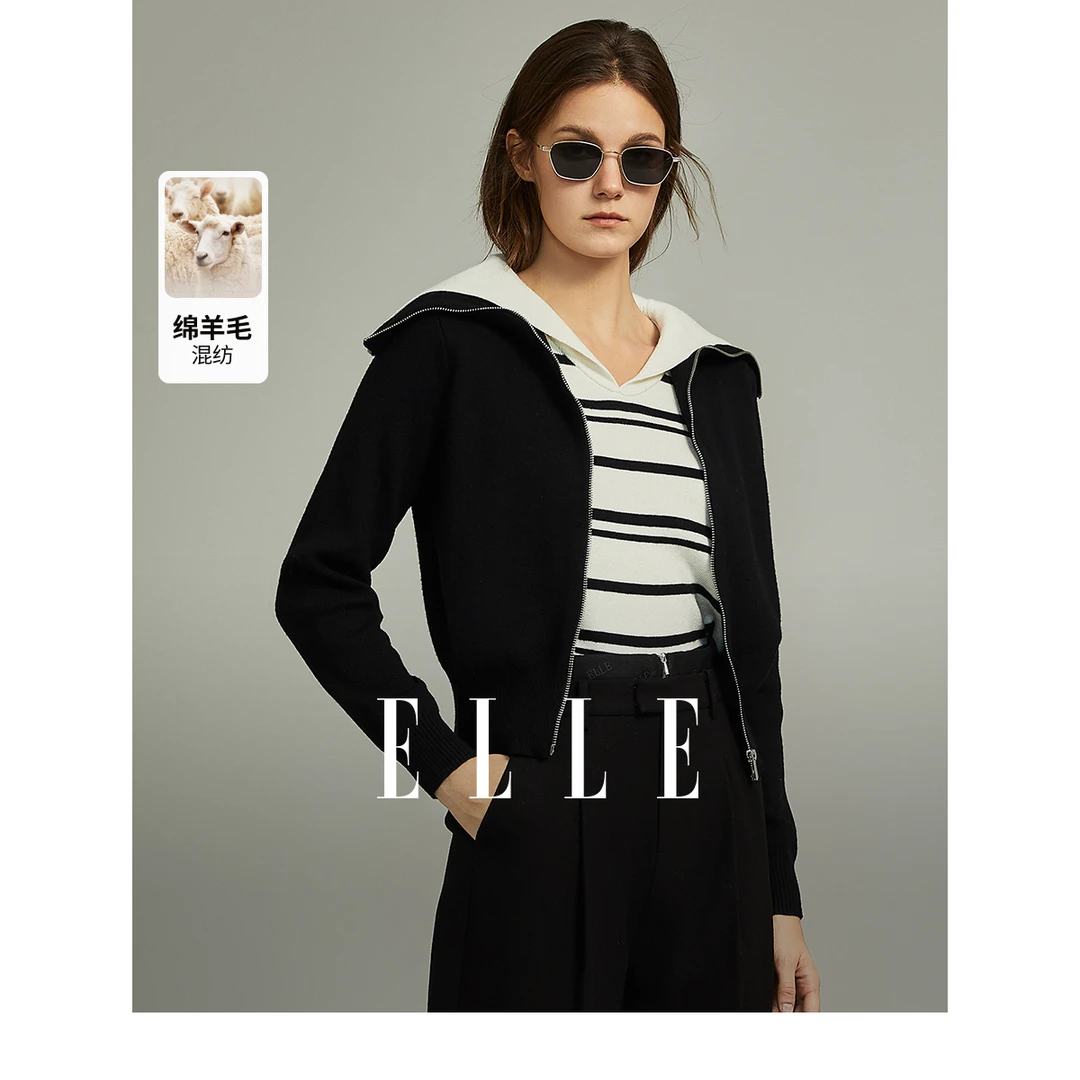 ELLE黑色高级感假两件毛针织衫女士2023冬季新款毛衣外套EZ36291