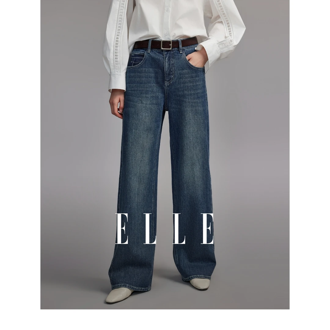 ELLE时尚休闲牛仔裤女2024春装新款百搭复古宽松显瘦裤子EQ47404
