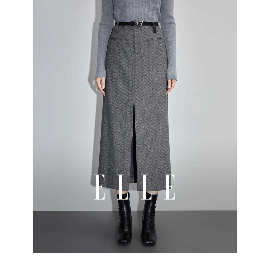 ELLE法式设计感高腰中长款半身裙女秋季新款包臀开叉裙子ER35782