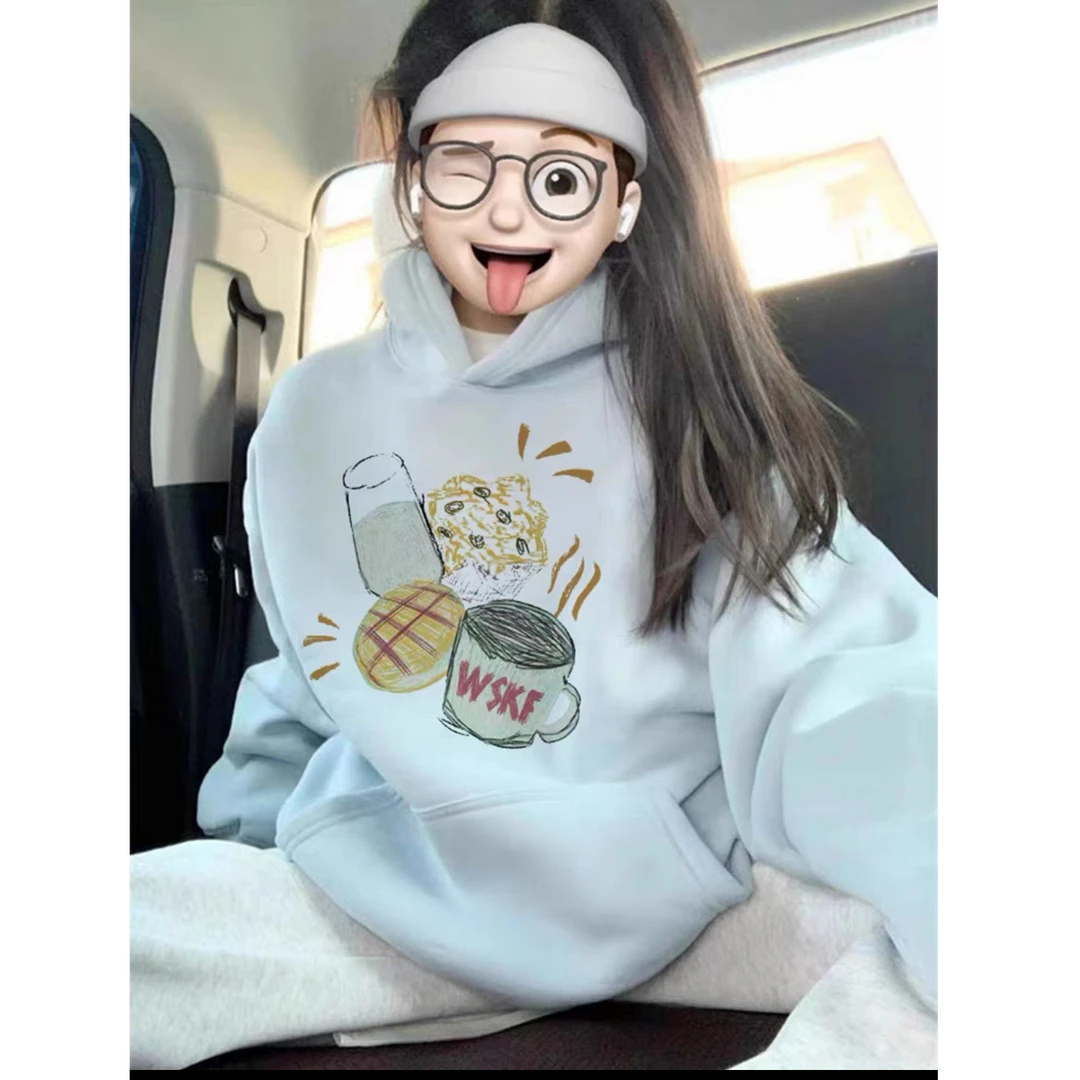 春秋纯棉加绒加厚连帽卫衣女2025新款爆款美式宽松奶蓝慵懒风外套