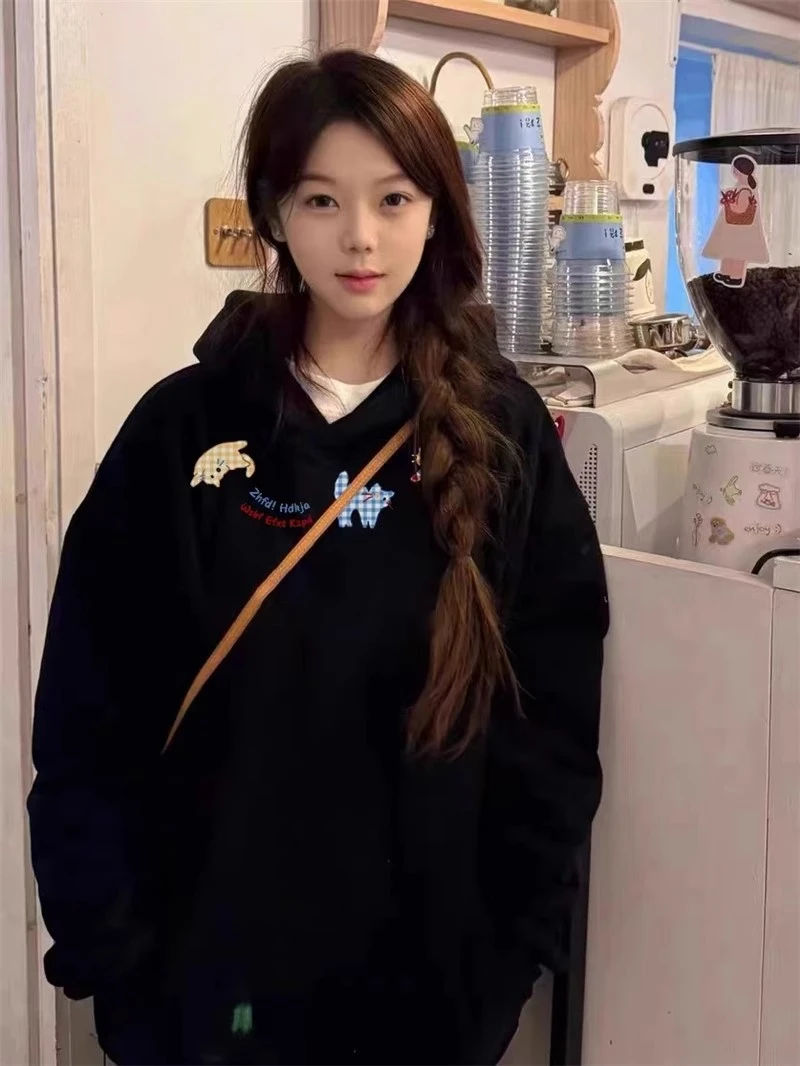 重磅秋冬加绒加厚黑色卫衣女2025新款爆款加绒加厚美式宽松银狐绒