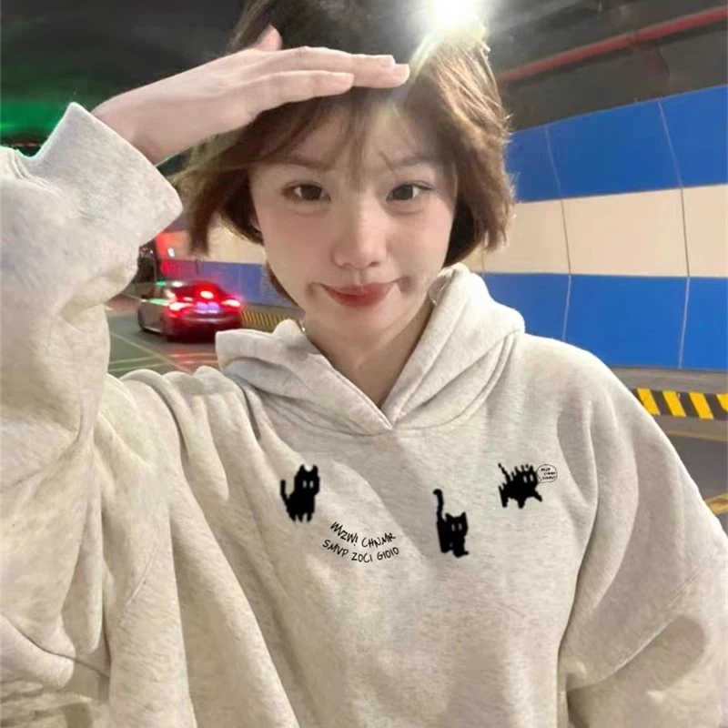 重磅加绒加厚卫衣女2025新款爆款秋冬银狐绒美式宽松灰色连帽外套