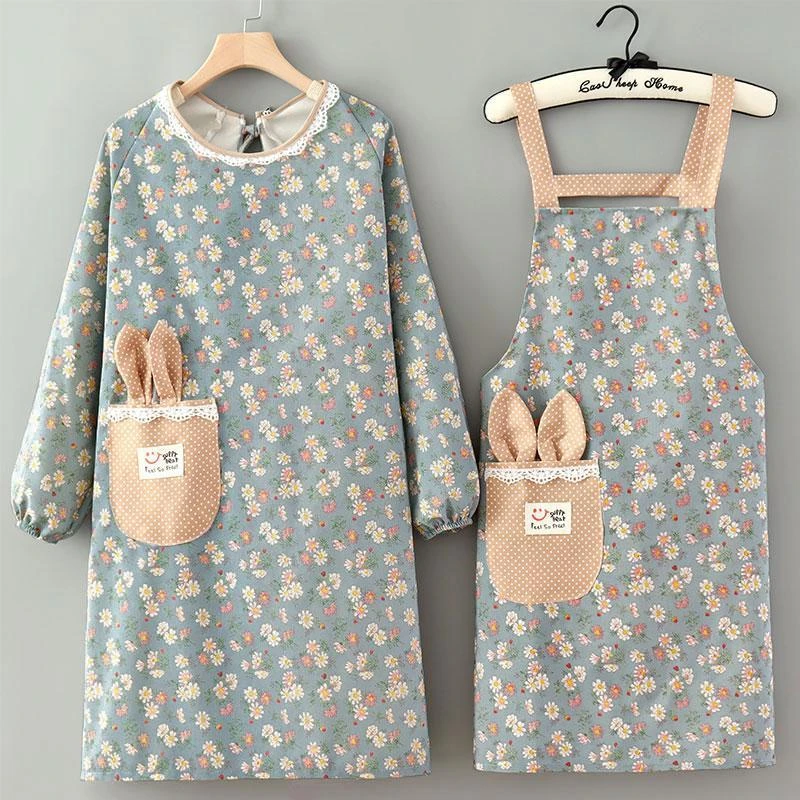 卡通时尚家用厨房做饭围裙女罩衣大人长袖帆布耐磨透气干活工作服