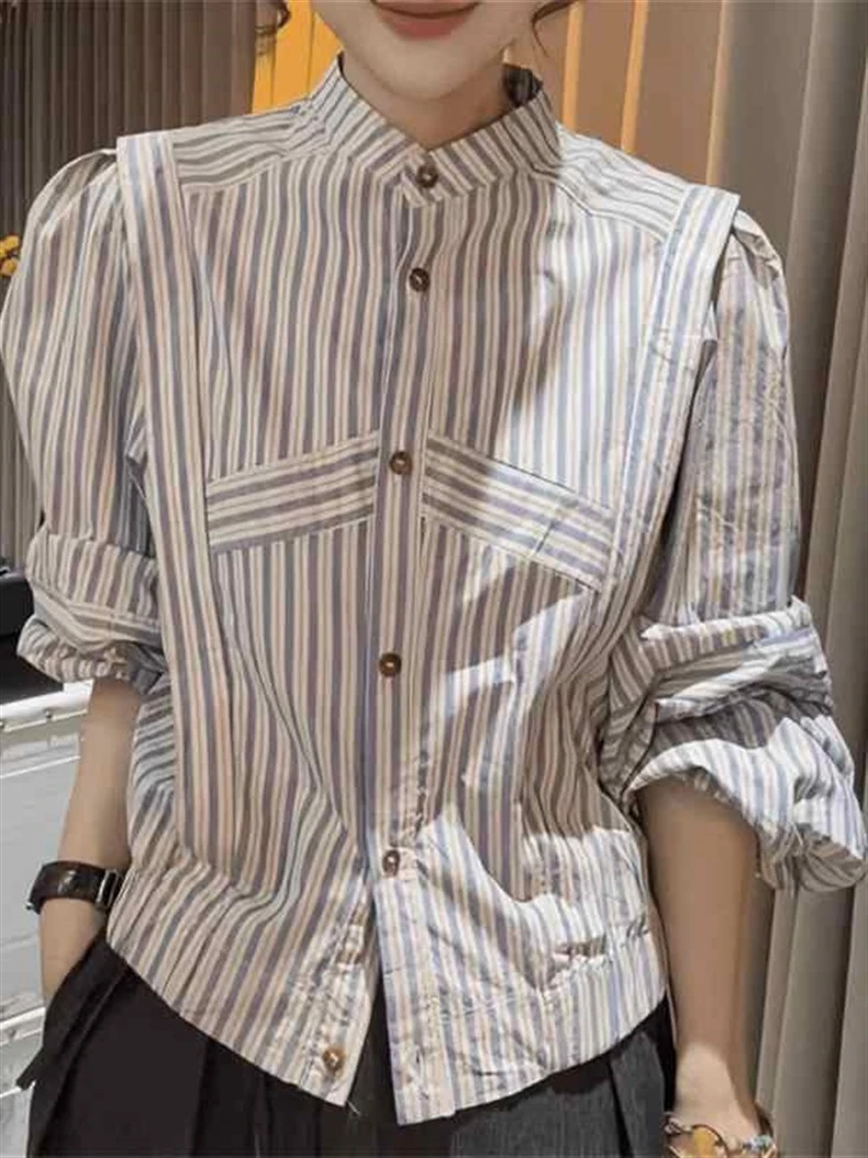洋气独特个性衬衣2025早秋新款时尚韩系休闲蓝色条纹衬衫女外搭潮