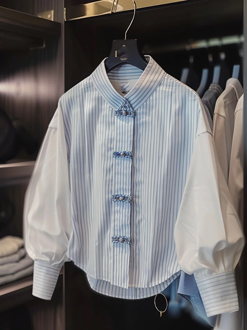 新中式气质复古蓝色条纹外穿衬衫潮时尚中国风设计小众别致上衣女