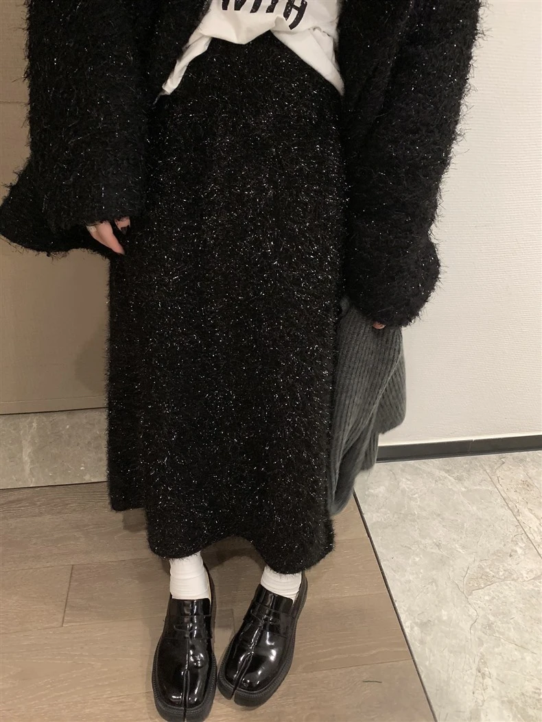 亮丝针织半身裙女冬季松紧腰加厚开叉过膝长裙修身显瘦洋气高腰裙