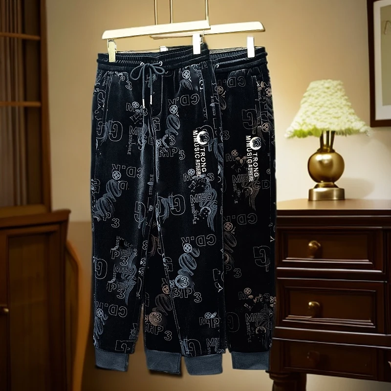 字母刺绣冬季金丝绒加绒加厚男士百搭印花松紧腰弹力束脚休闲裤