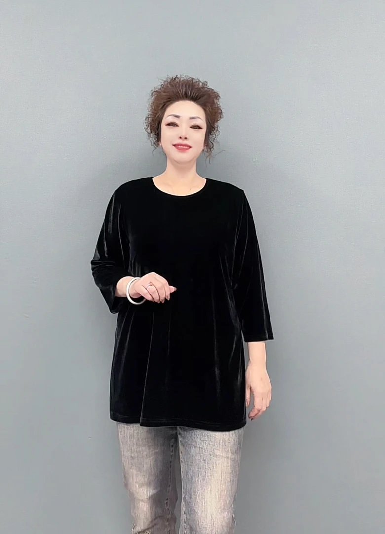 三姐家秋冬时尚百搭简约高定丝绒八分袖打底上衣