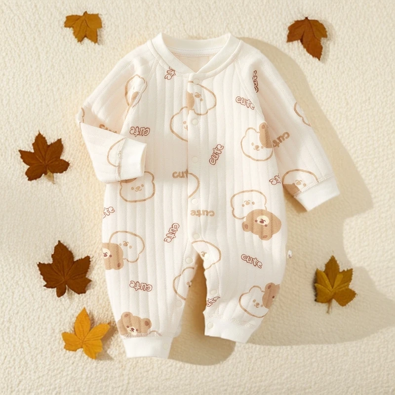 新生婴儿夹棉连体衣宝宝加厚打底保暖哈衣无骨秋季软糯衣服爬爬服