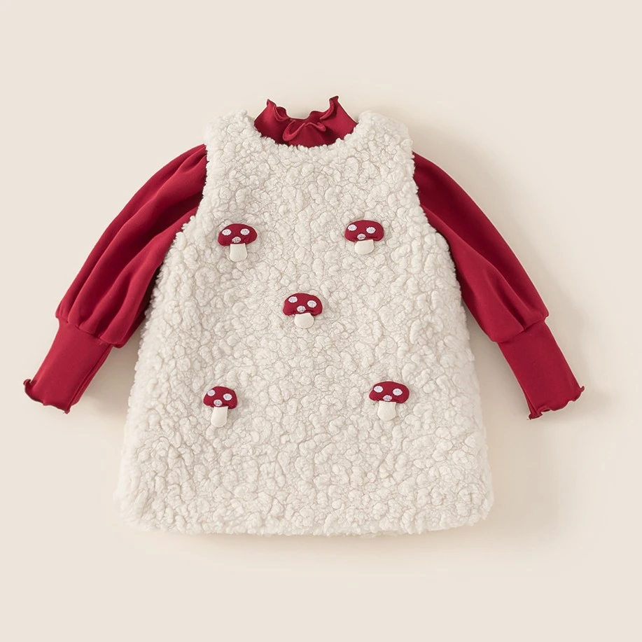 秋冬夹棉加厚宝宝羊羔绒背带裙可爱卡通连衣裙两件套