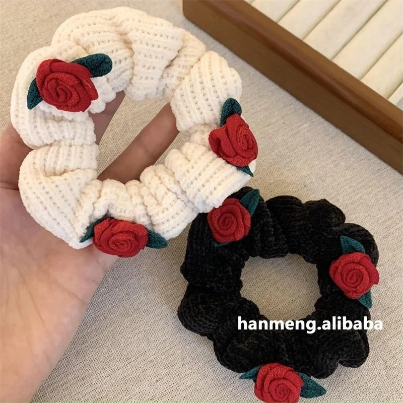 韩系玫瑰花毛线针织大肠发圈秋冬款甜美可爱少女心马尾丸子头发饰