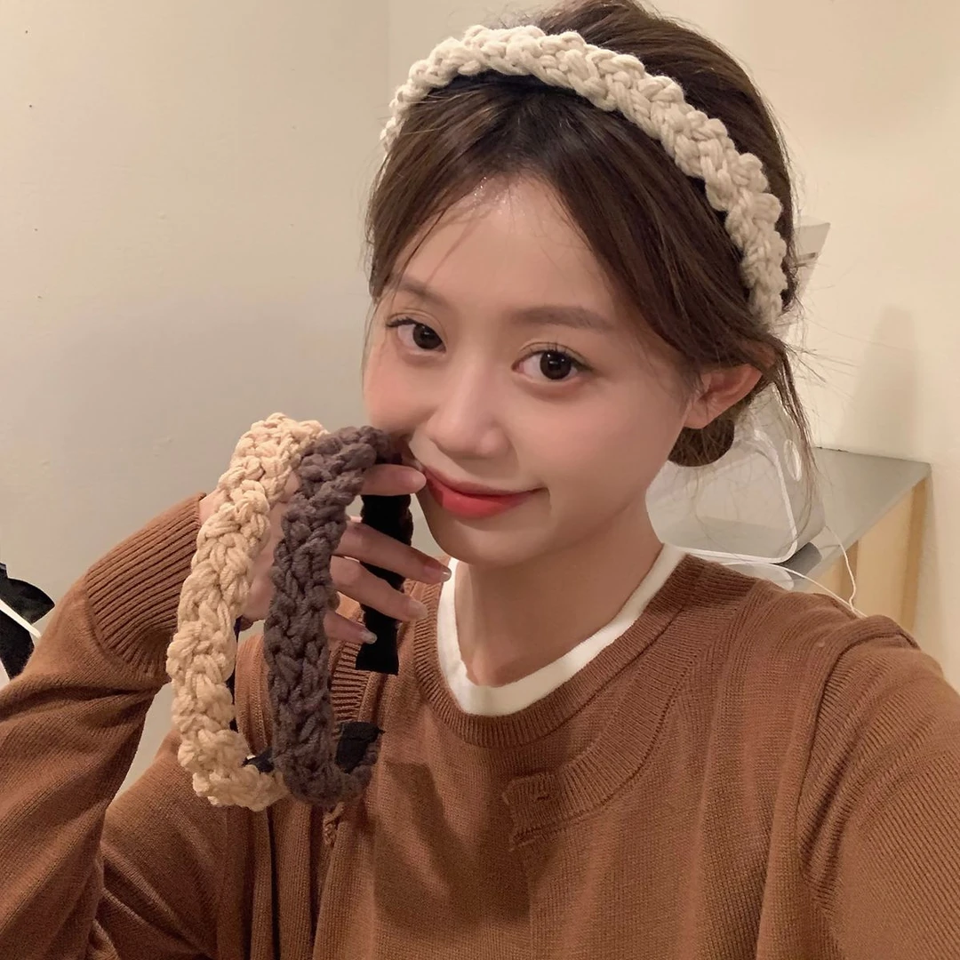 秋冬针织毛线麻花辫发箍女款复古高颅顶发卡美拉德咖色系头饰发饰