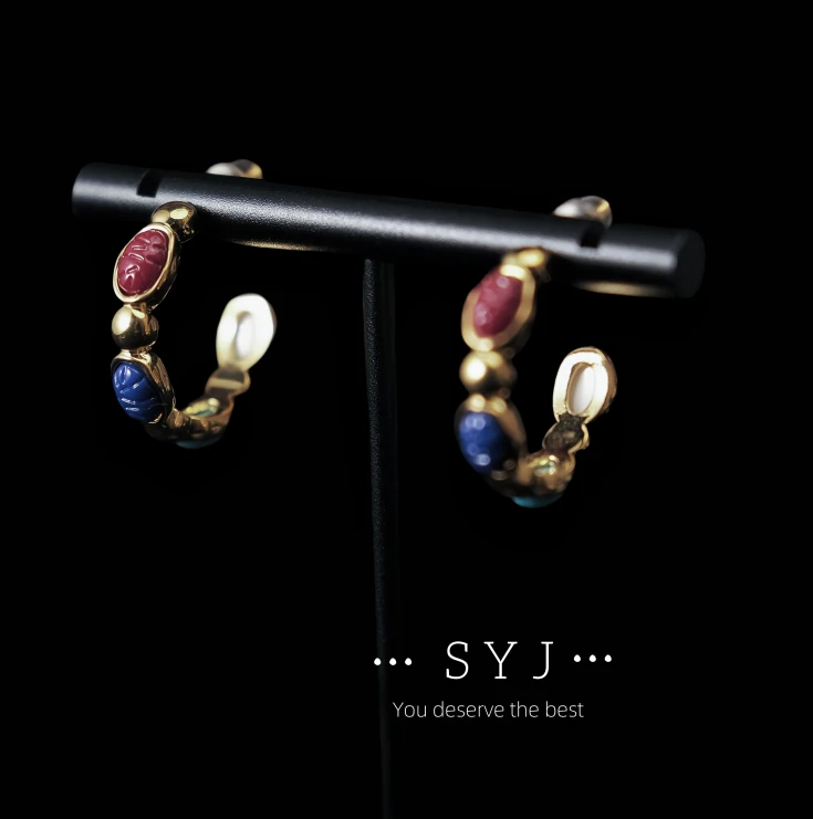 铜合金耳饰 法式时尚小众复古名族风多C彩石C形耳环耳饰