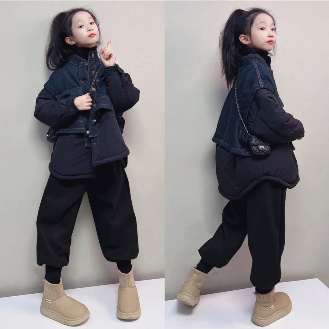 女童冬装加厚拼接牛仔棉衣套装2024中大童新款加绒哈伦裤两件套潮