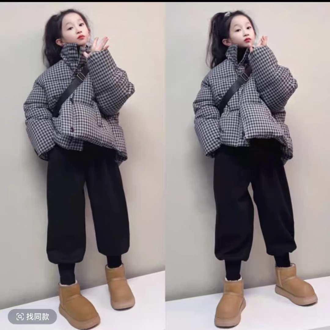 女童棉服冬季套装2025新款洋气格子加厚棉袄加绒哈伦裤爆款两件套