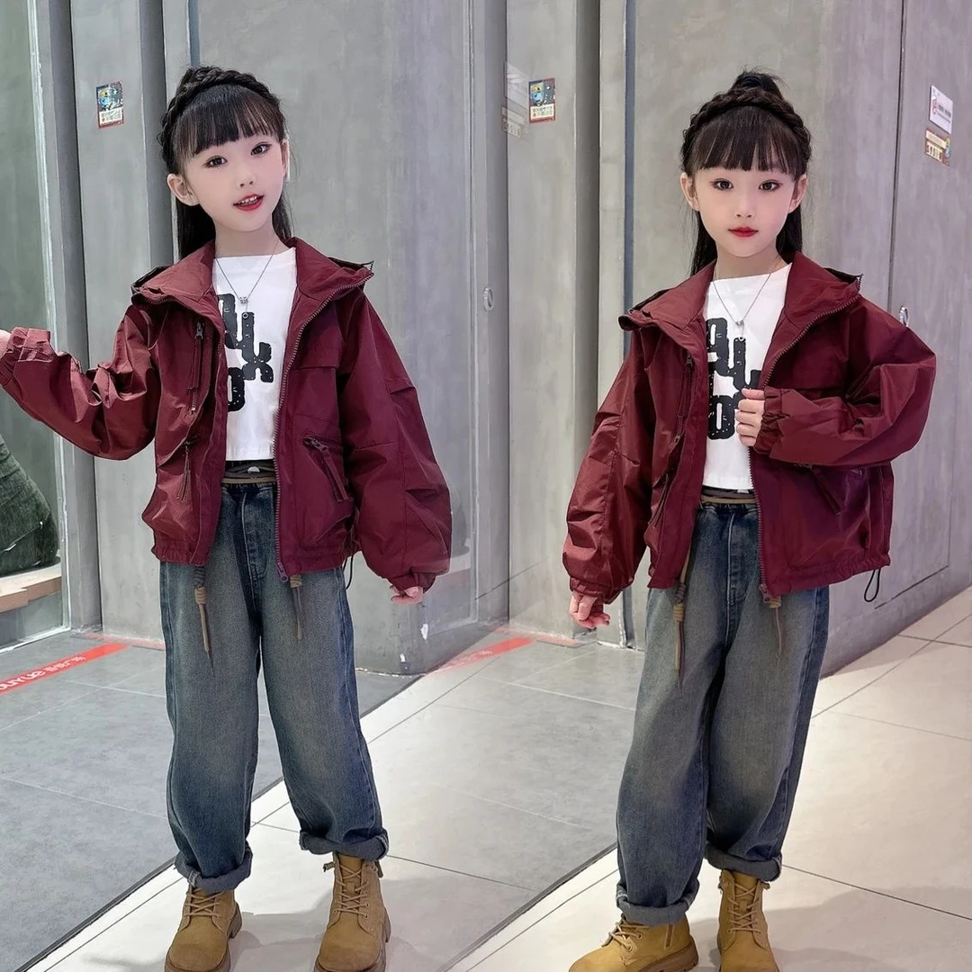 女童加厚外套秋冬装中大童新款洋气时尚宽松连帽冲锋衣英伦风外套