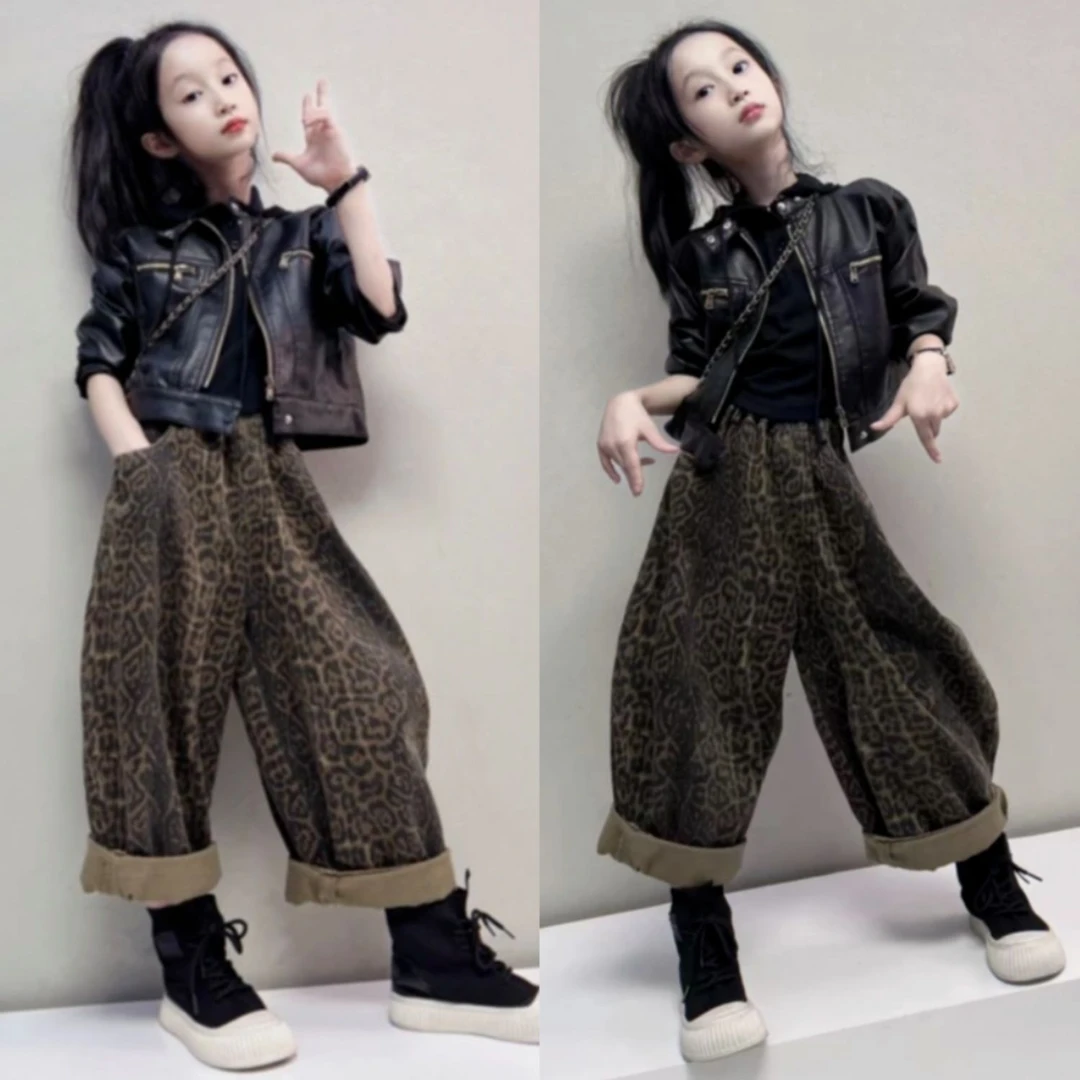 女童皮衣外套春秋款2025新款卫衣儿童秋装炸街皮夹克豹纹裤三件套