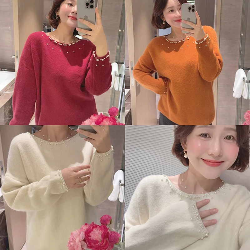 【DIS 现货】【绯色落霞】宽松圆领钉珍珠长袖针织衫Z524X19554