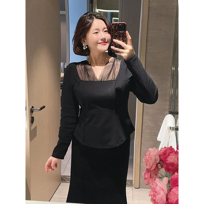 【DIS 定制】【月落微尘】秋冬气质拼接网纱V领长袖T恤Z524Y18459