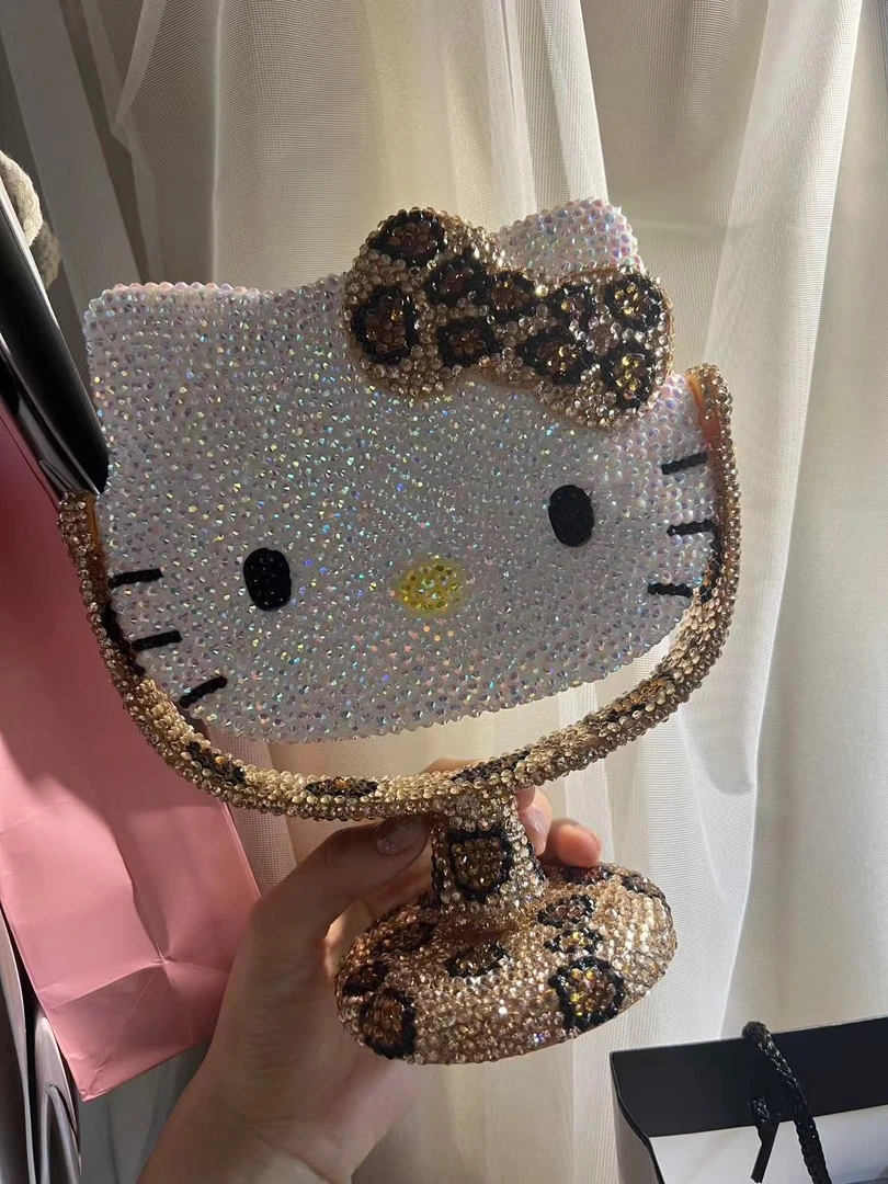 hellokitty满钻镜子豹纹贴钻镜旋转台式KT化妆镜DIY镶钻创意玩具