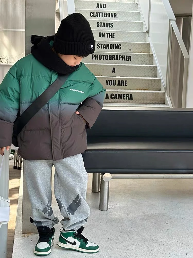 女童渐变免洗棉服男童保暖冬装中长款冬季棉衣中大童韩版加绒加厚