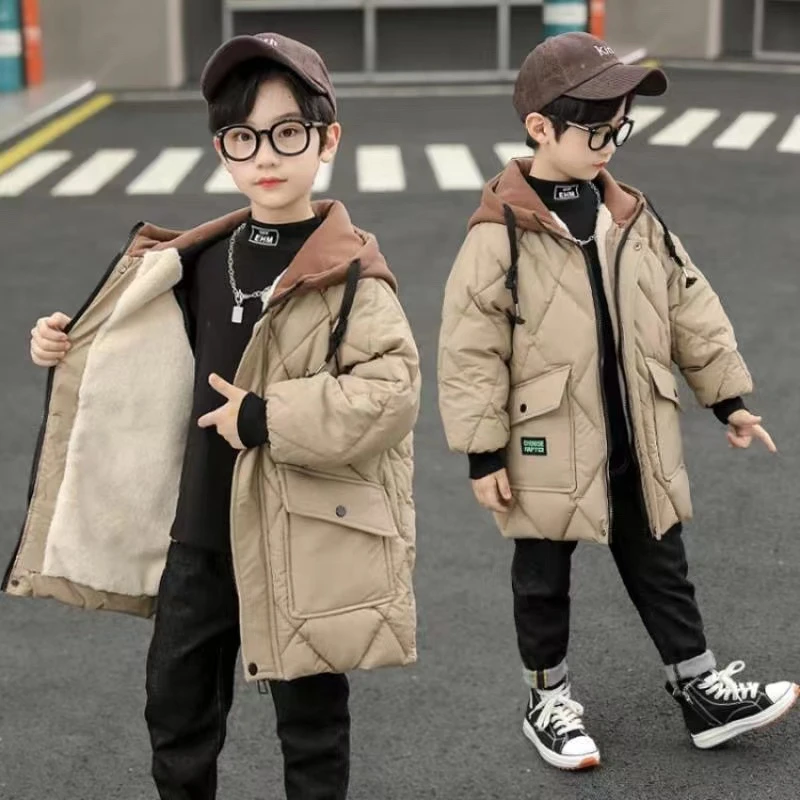 男童棉服2023新款冬装儿童中长款菱形格棉衣中大童加绒加厚外套