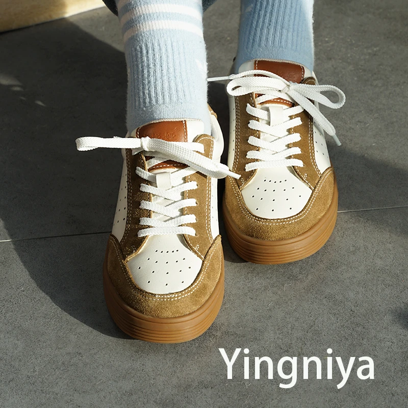 Yinniya/英妮娅原创多色搭配复古低帮牛筋软底真皮休闲板鞋女鞋