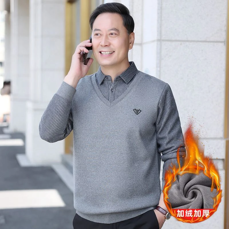 男士爸爸冬装上衣服加绒加厚毛衣假两件打底衫秋冬中老年人爷爷装
