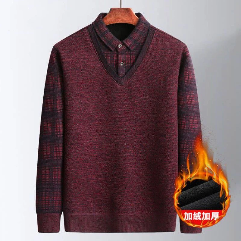 爸爸冬款假两件毛衣加绒加厚中年男本命年红色保暖针织打底衫上衣