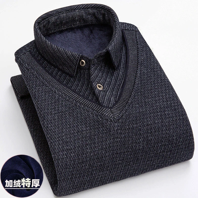 冬季加绒加厚毛衣男士假两件长袖衬衫领中年针织打底衫保暖衣服男