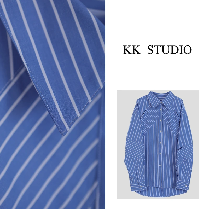 淇老板KK Studio”海蓝玫瑰“时尚休闲蓝色宽松翻领条纹衬衫8081