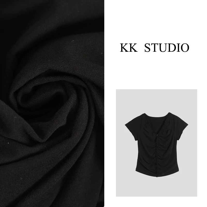 淇老板KK Studio新款ins时尚百搭短款捏褶收腰显瘦小V领上衣8363