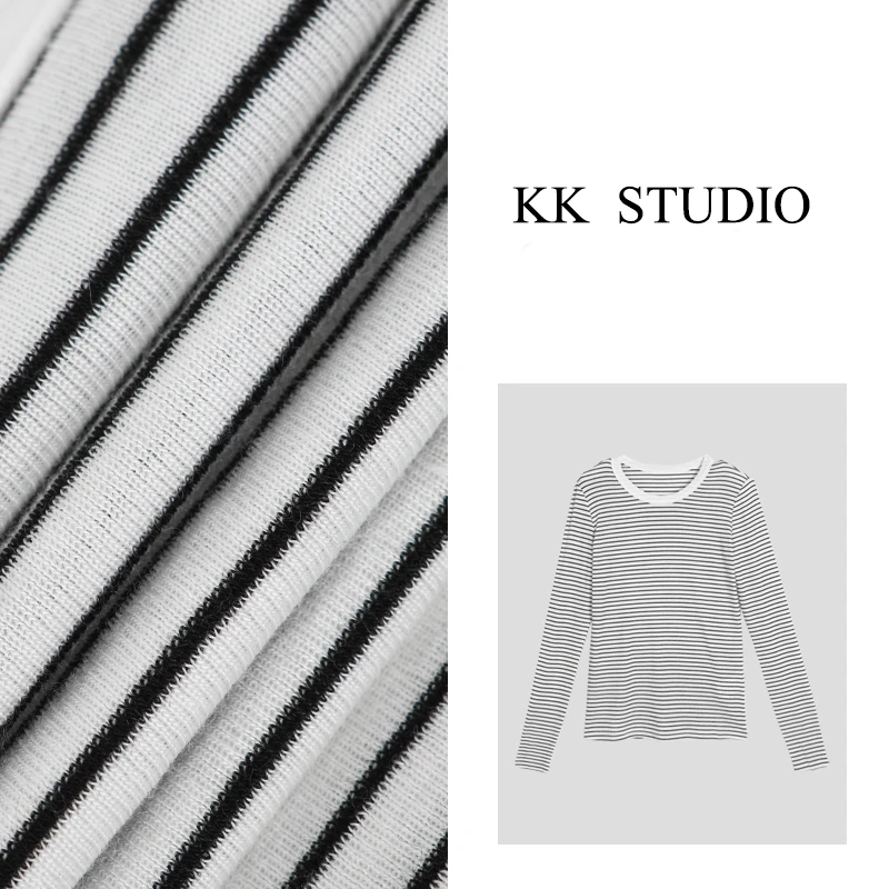 淇老板KK Studio【黑白键】简约休闲条纹百搭打底上衣8563