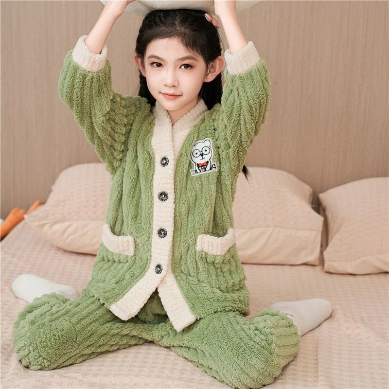 女童珊瑚绒睡衣秋冬季男孩女童宝宝加厚冬款套装儿童法兰绒家居服