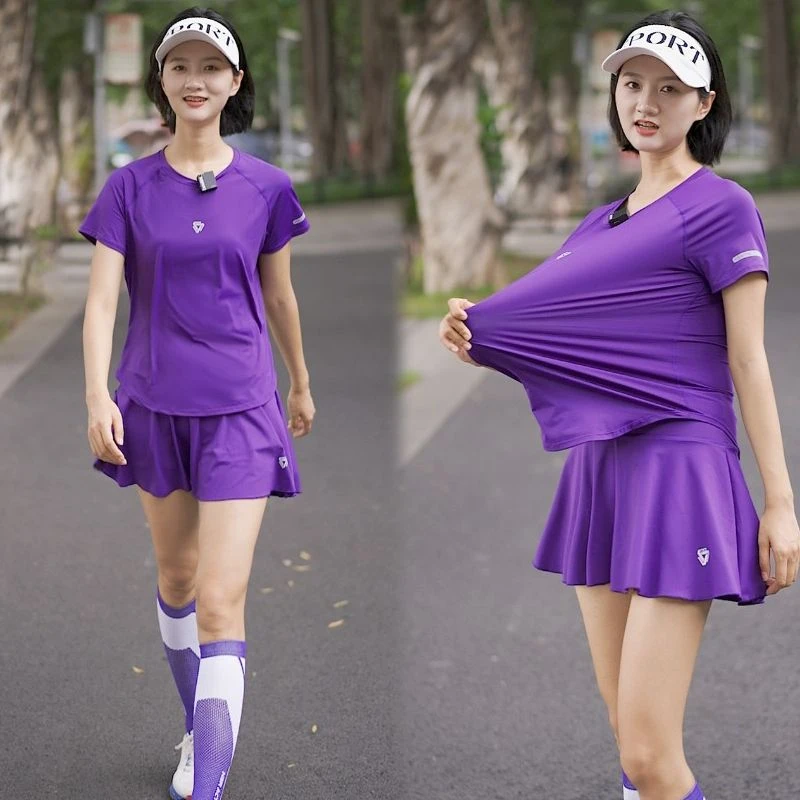 【三件套】科里芙夏季运动健身训练短袖速干t恤+时尚短裙跑步套装