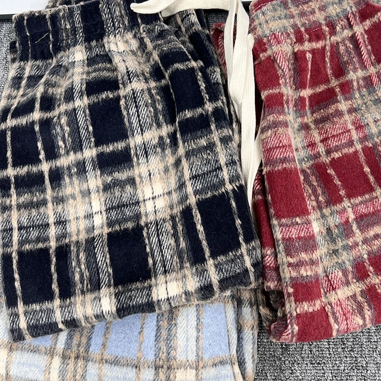 毛呢格子裤女秋冬季外穿棉裤高腰垂感休闲窄版拖地直筒加绒阔腿裤