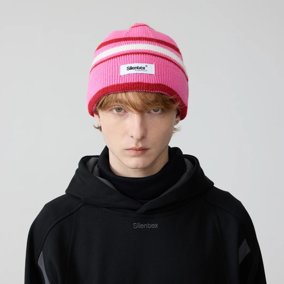 SILENTEX明星同款｜粉色针织毛线帽保暖氛围感潮流不规则横条冷帽
