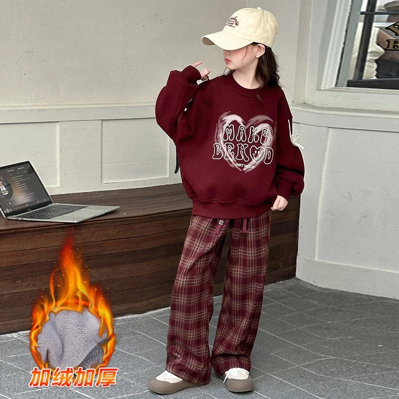 女童加绒卫衣秋冬款2024新款洋气女孩冬季一体绒圆领加厚保暖上衣