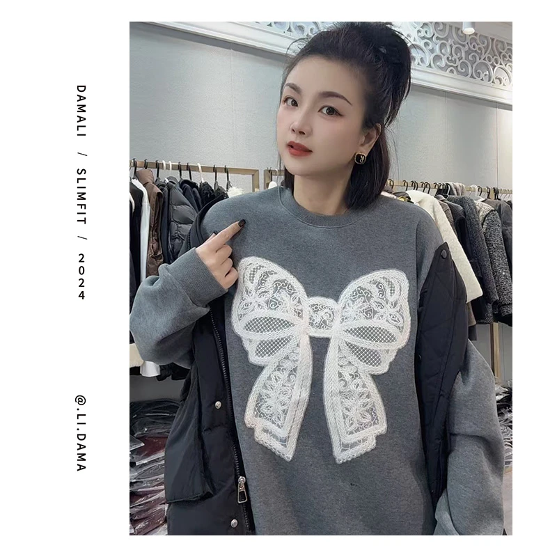 大码利-冬款【加绒蝴蝶结卫衣】韩版休闲高品质宽松潮流设计卫衣女