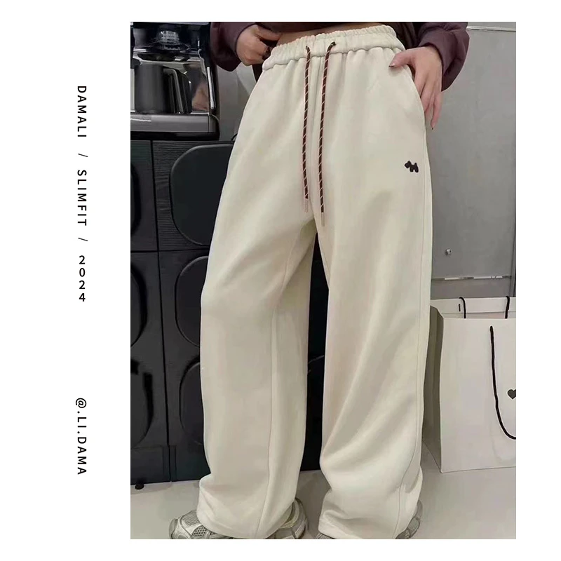 大码利-冬款【加绒刺绣小狗卫裤】窄版直筒松紧腰修身休闲长裤保暖