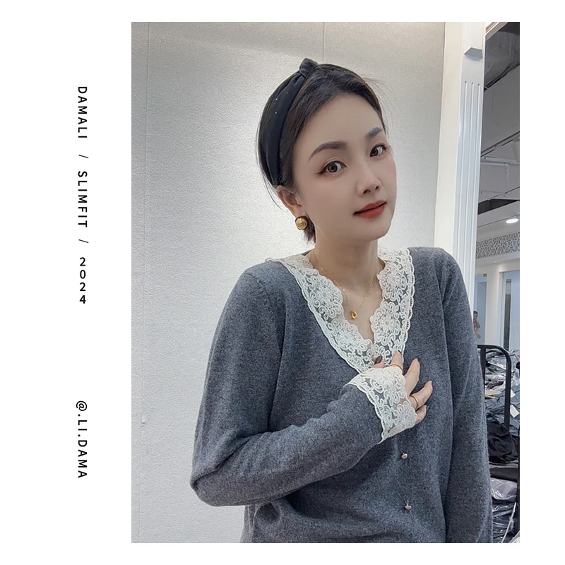 大码利-冬款【v领蕾丝边100绵羊毛】韩系气质简约冬季显瘦设计小众