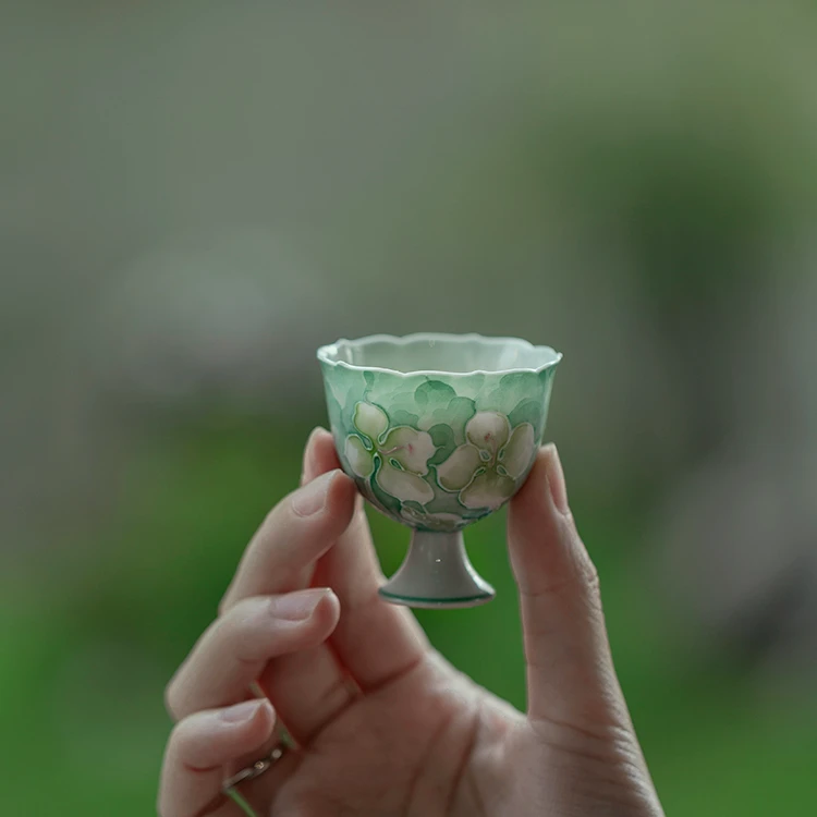 SK00058 植述 青釉-浅海四瓣花-高足花口茶杯（赠送提溜）