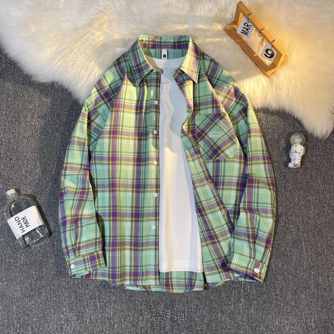 休闲韩系穿搭复古撞色格子衬衫长袖男士宽松百搭口袋绣花衬衣外套