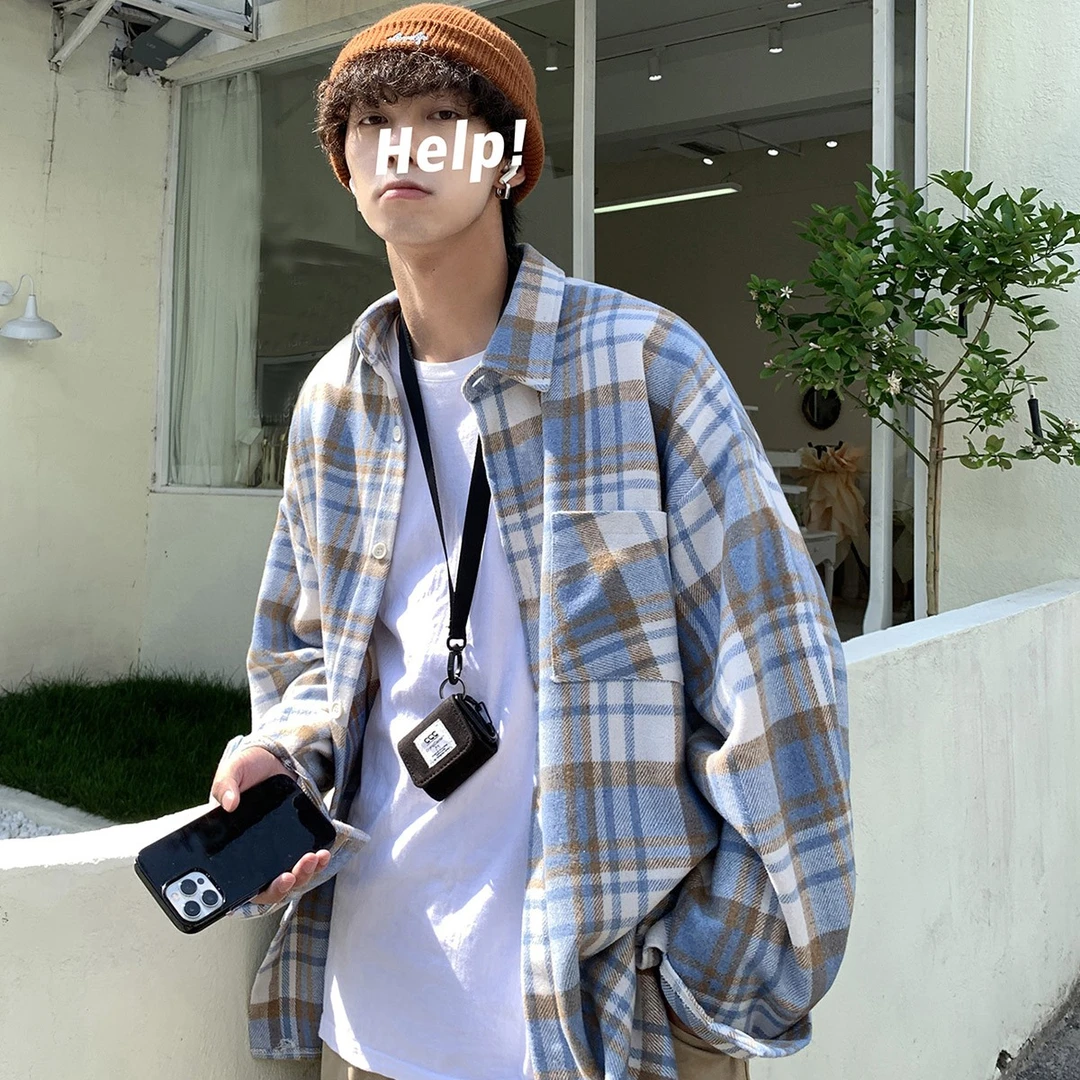小清新格子外套男生春秋装潮流青少年学生宽松休闲衬衫领夹克外套