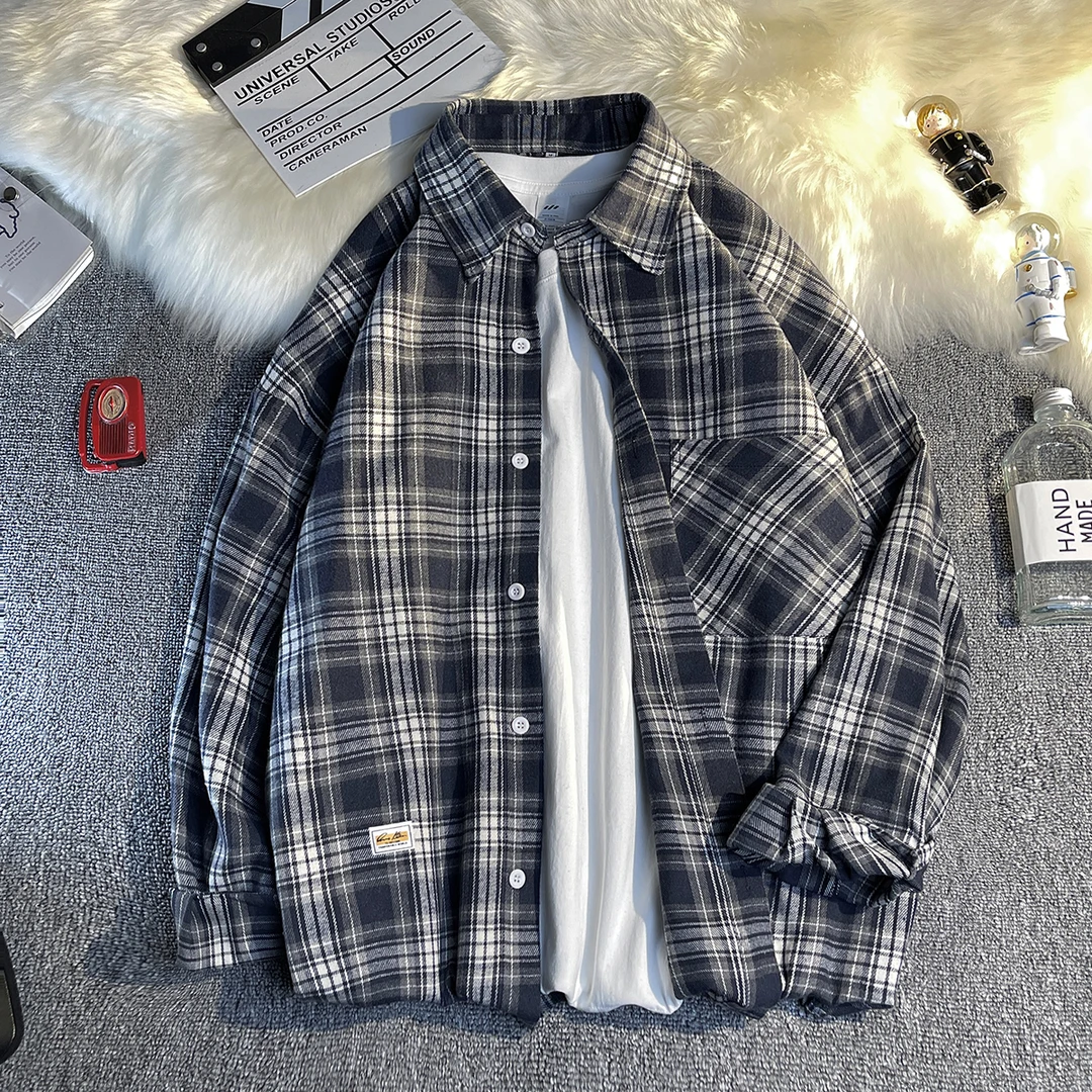 春秋格子衬衫男生百搭潮流高级感青少年韩版休闲宽松衬衣外套上衣