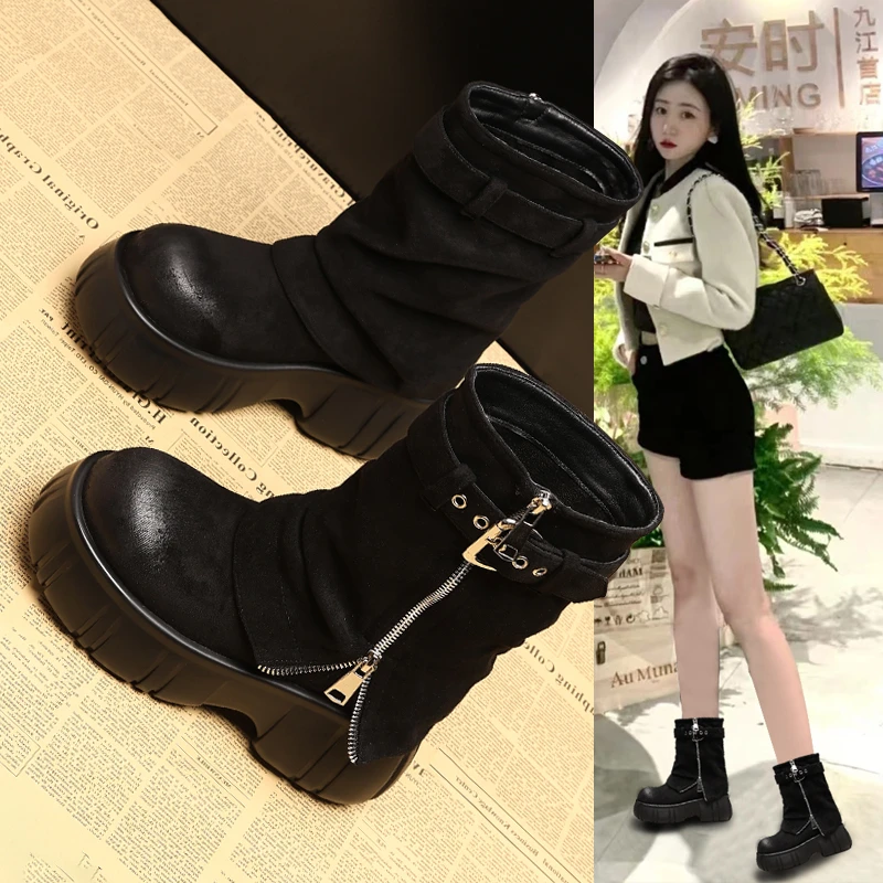 ZDW5616-1小个子厚底内增高马丁靴子女2024年秋冬季新款松糕短靴
