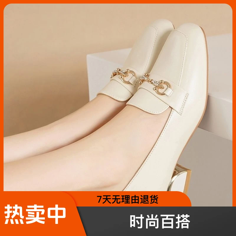 真软皮英伦风小皮鞋女粗跟单鞋女2023新款百搭豆豆鞋一脚蹬懒人鞋